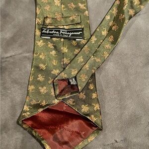 Salvatore Ferragamo Olive and Gold Floral Patterned Tie 100% silk